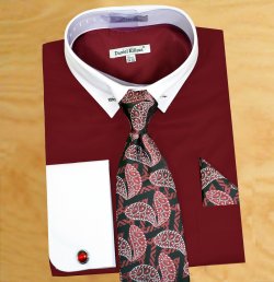 Daniel Ellissa Burgundy / White Cotton Dress Shirt / Tie / Hanky / Cufflinks / Collar Bar Set DS3790P2