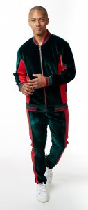 Stacy Adams Dark Green / Red Cotton Blend Velour Modern Fit Tracksuit Outfit 2576