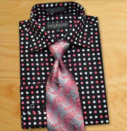 Daniel Ellissa Black / Fuchsia Dotted Shirt / Tie / Hanky Set With Button Cuff FC7007