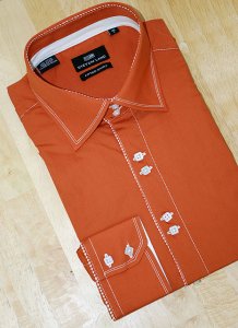 Steven Land Rust With White Double Hand Pick Stitch And Spread Collar 100% Cotton Shirt With French Cuffs DS592