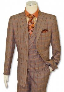 Statement "Assini" Light Brown / Cognac / Wine Windowpane Super 150's Wool Vested Classic Fit Suit