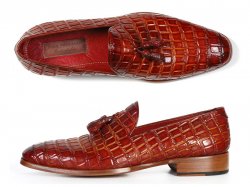 Paul Parkman 0823 Reddish Camel Crocodile Embossed Calfskin Tassel Loafer Shoes