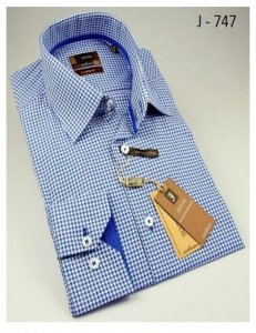 Axxess Classic White / Blue Check Design Modern Fit Cotton Dress Shirt With Button Cuff J-747.