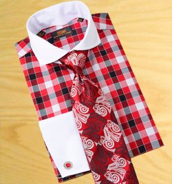 Steven Land Red / Black / White Checkerboard Design With White Spread Collar / White French Cuffs 100% Cotton Dress Shirt DS1090