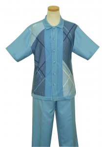 Silversilk Light Blue / Slate Blue / White Diagonal Line Design Button Up 2 Piece Short Sleeve Knitted Outfit 9334