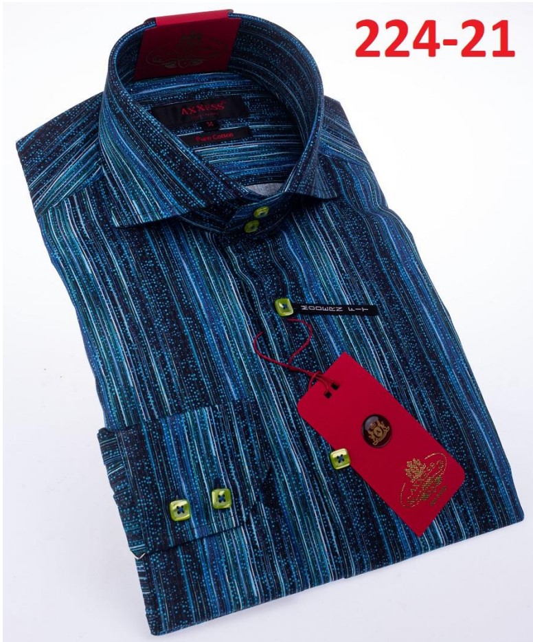 Axxess Blue Cotton Modern Fit Dress Shirt With Button Cuff 224-21.