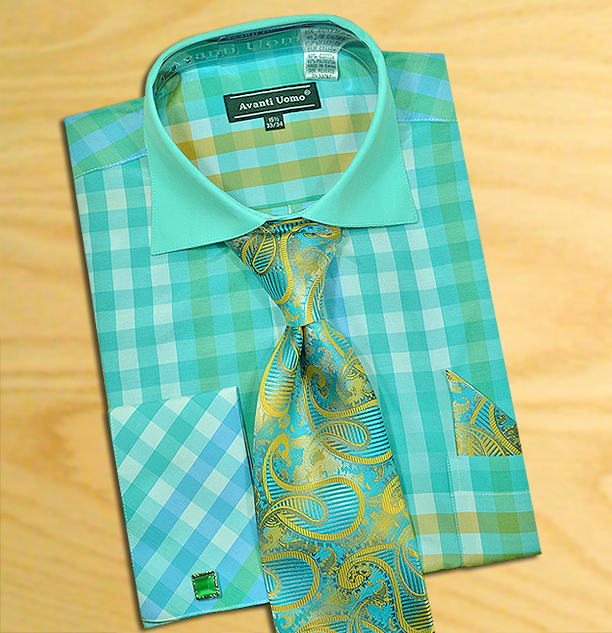 Avanti Uomo Mint Green White Check Design Shirt Tie Hanky Set With Free Cufflinks Dn60m 79 90 Upscale Menswear Upscalemenswear Com