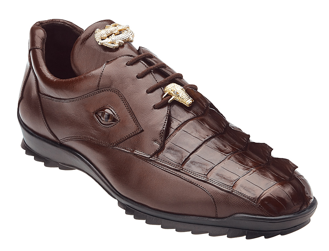 Belvedere "Vasco" Brown Genuine Hornback Crocodile / Soft Calf Casual Sneakers with Eyes 336122.