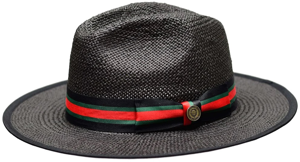 Bruno Capelo Black / Dark Green / Red Banded Flat Brim Straw Fedora Hat VA-403