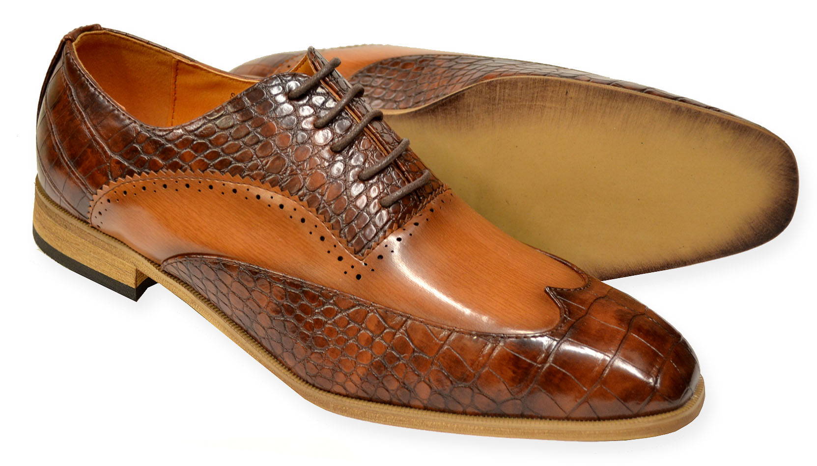 Antonio Cerrelli Black White Alligator Print Vegan Leather Wingtip Oxford Shoe