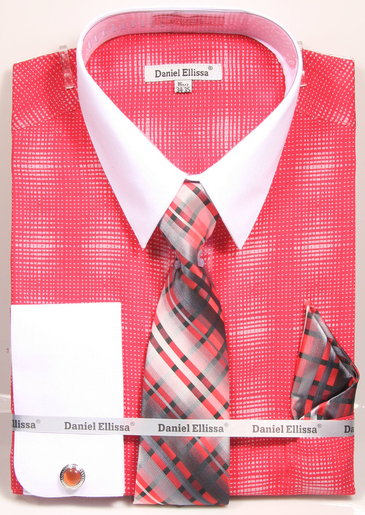 Men's DANIEL ELLISSA French Cuff Dress Shirt FUCHSIA Tie Hanky Cufflinks Set 
