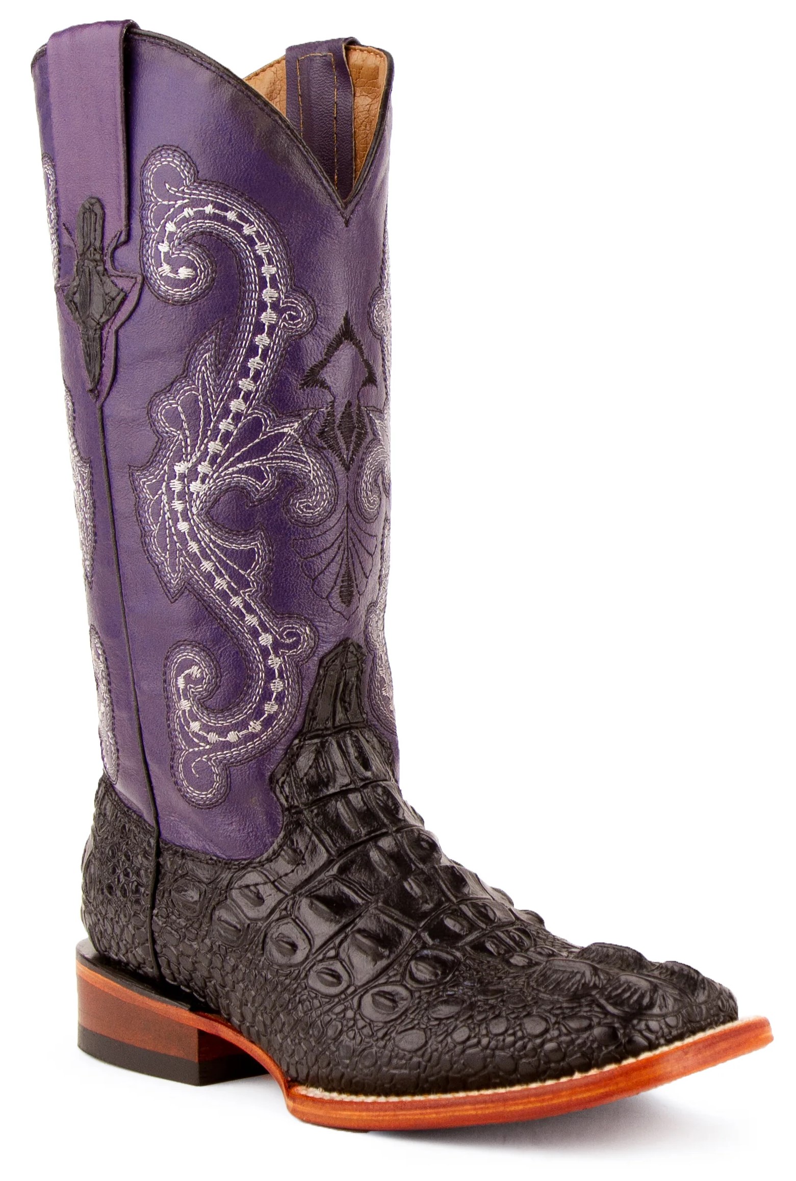 Ferrini Ladies "Rancher" Black / Purple Caiman Print Leather Square Toe Cowgirl Boots 90493-04