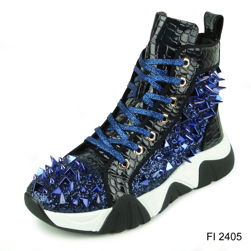 Fiesso Navy Blue Glitter / Spiked High Top Sneakers FI2405.
