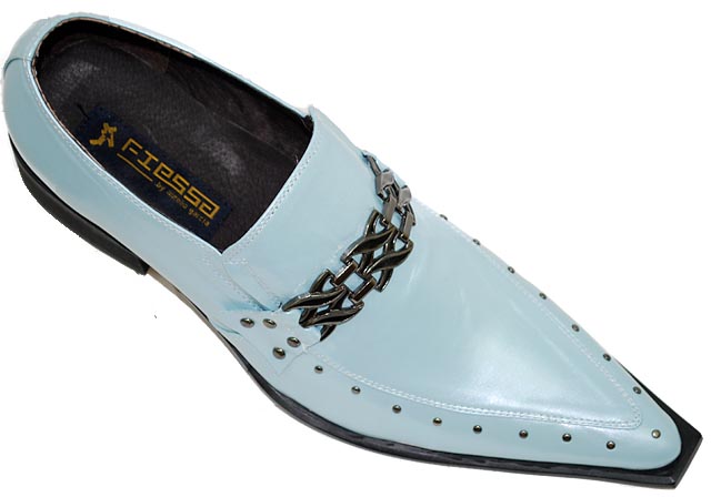 Fiesso Light Sky Blue Pointed Toe Leather Shoes With Metal Bracelet On Top And Metal Studs On Sides FI8096 - Click Image to Close