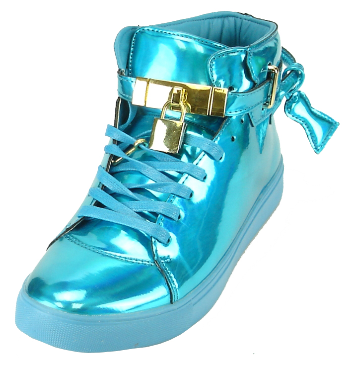 Encore By Fiesso Blue Patent Leather High Top Sneakers With Lock / Key FI2247.