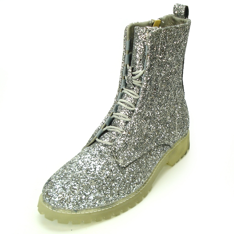 Encore By Fiesso Silver Glitter PU Leather High Top Sneakers Boot FI2285.