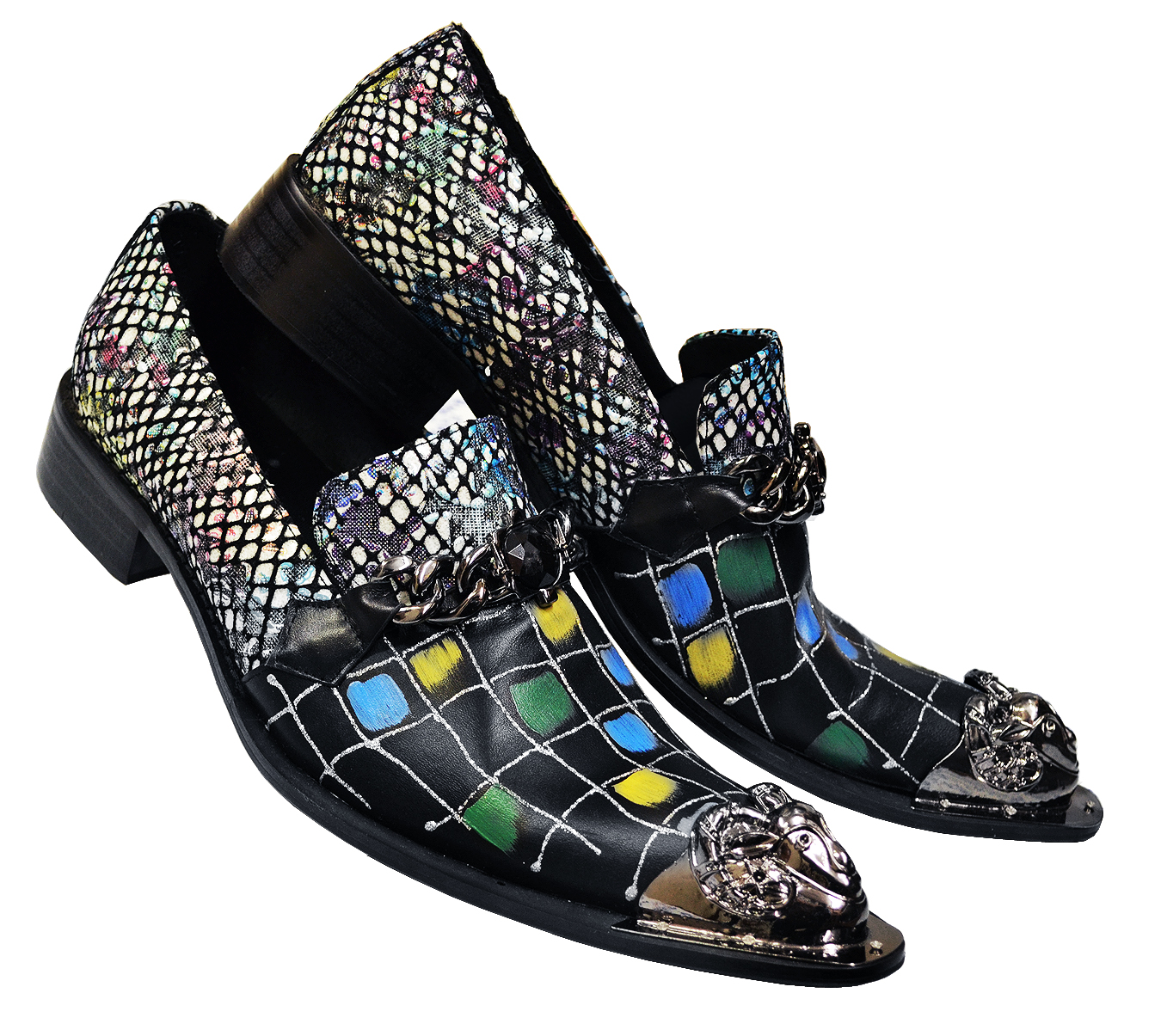 Fiesso Black / Multicolor Hand Painted Lurex Genuine Leather Slip On Shoes With Bracelet / Metal Toe FI6950.