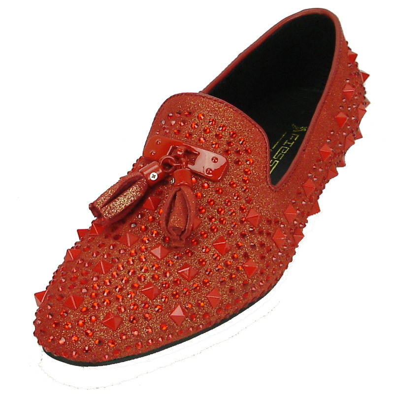 Fiesso Red Genuine Leather Loafer Shoes With Spike / Rhinestone With Tassels FI7005-2.