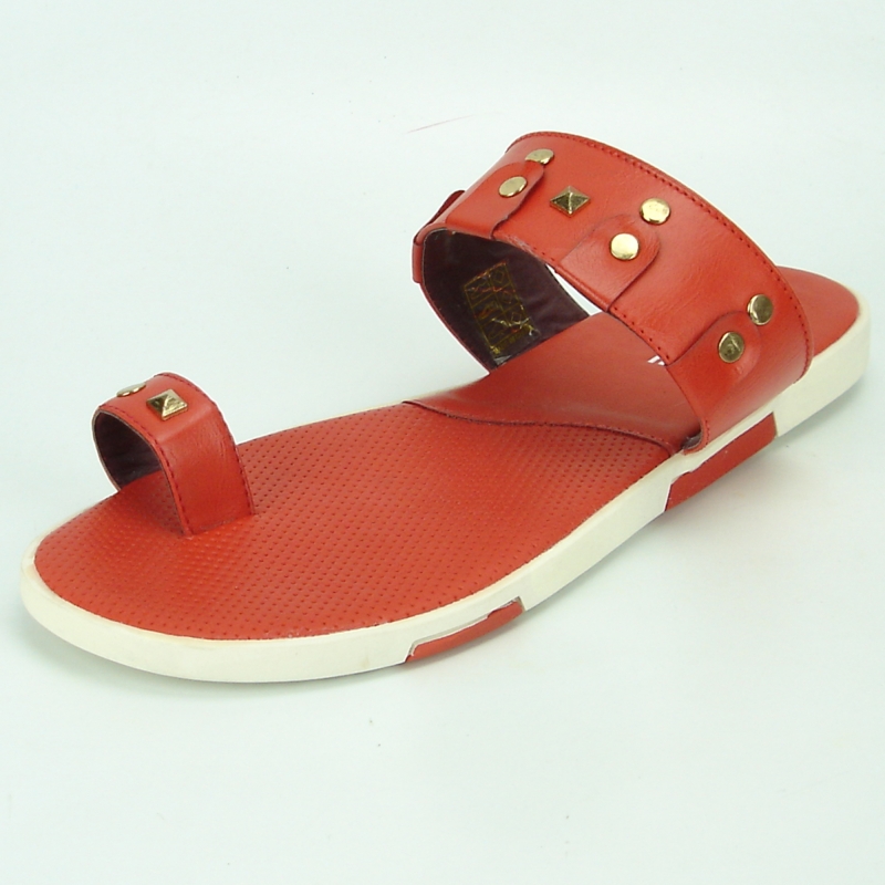 Fiesso Red / Gold Studded PU Leather Open Toe Slide-In Sandals FI2319.
