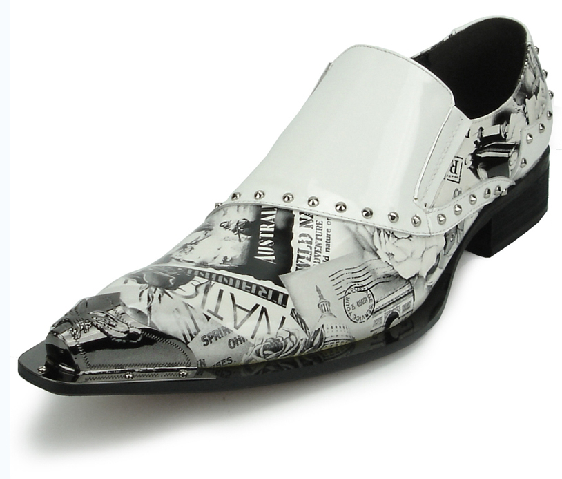 Fiesso White / Black / Artistic Design Genuine Leather Metal Tip Loafers FI6864.