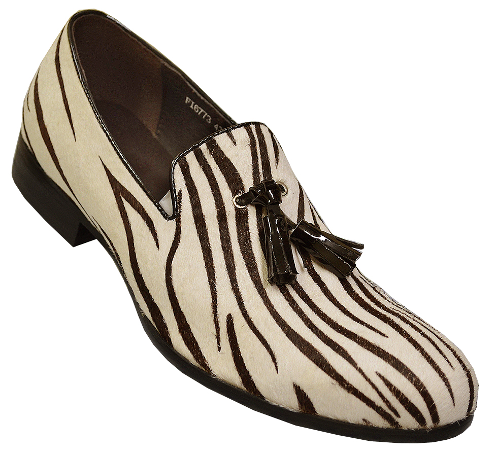 Fiesso White / Black Zebra Hair Genuine Leather Loafer Shoes FI6773.