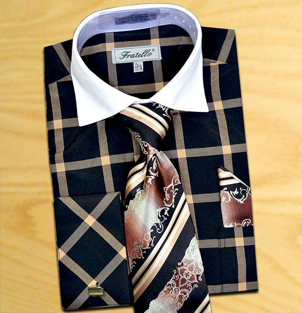 Fratello Black / Tan Checker Pattern Two Tone Shirt / Tie / Hanky Set With Free Cufflinks FRV4123P2.