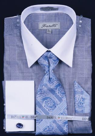 Fratello Blue Check Two Tone Shirt / Tie / Hanky Set With Free Cufflinks FRV4121P2