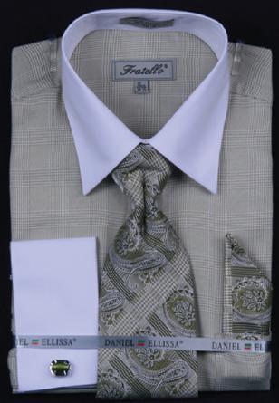 Fratello Olive Check Two Tone Shirt / Tie / Hanky Set With Free Cufflinks FRV4121P2
