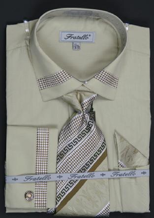 Fratello Olive Houndstooth Patch Shirt / Tie / Hanky Set With Free Cufflinks FRV4109P2