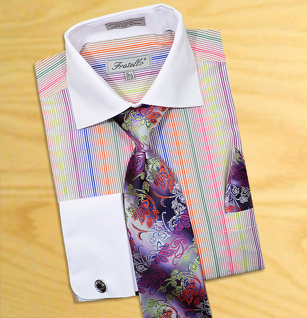 Fratello Rainbow Pinstripes Shirt / Tie / Hanky Set With Free Cufflinks ...