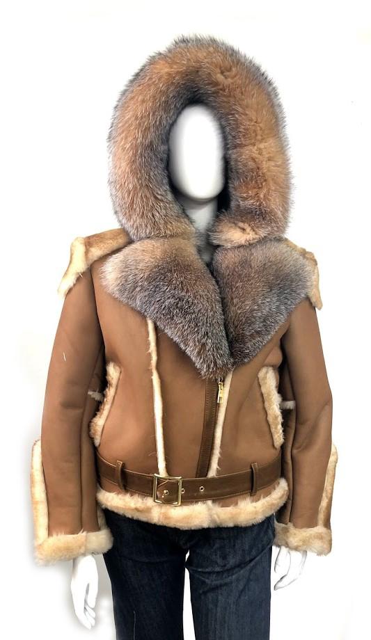 Beige Real Fox Fur Jacket With Lamb Leather .genuine Fox Fur