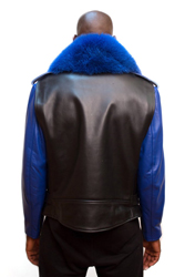 G-Gator Blue/Black Biker Jacket With Fur Collar - back view