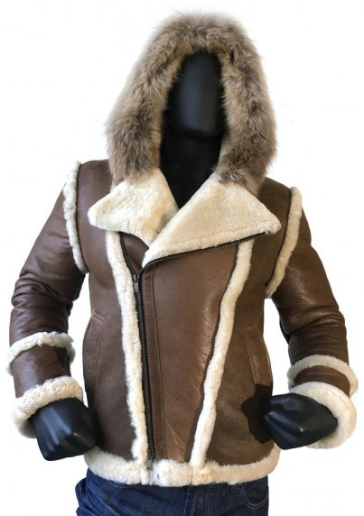 G-Gator Antique Brown Genuine Sheepskin / Fox Fur Motorcycle Jacket With Hood 3910.