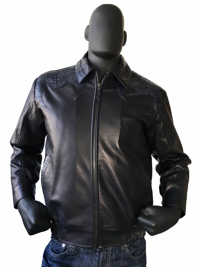 Lambskin Bomber Jacket with Alligator Trimming Shoulders, Pocket