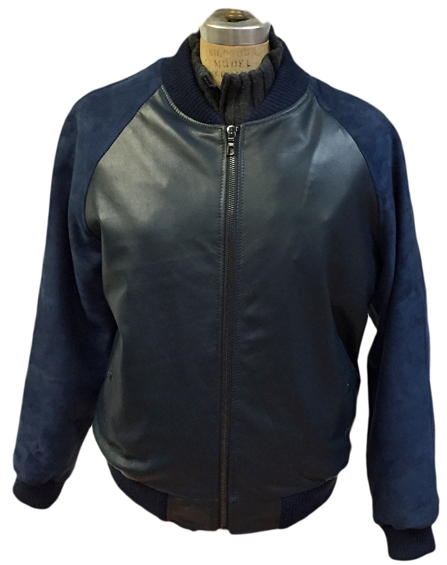 Blue-black Genuine Lambskin Leather Varsity Bomber Jacket