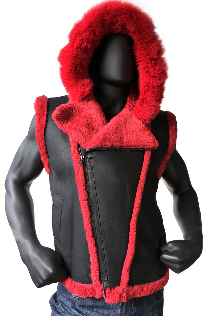 G-Gator Red / Black Genuine Sheepskin / Fur Vest With Hood 3900