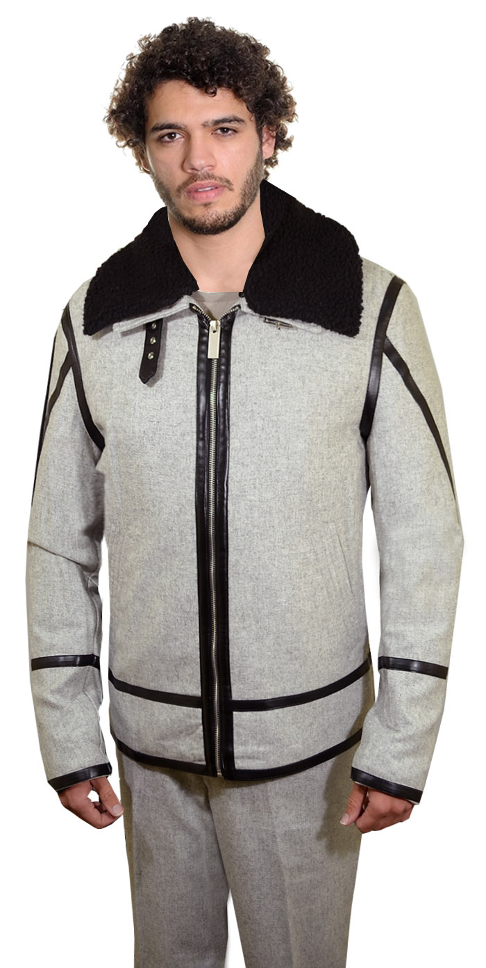 Cigar Ash Grey / Black Wool Blend Sherpa / PU Leather Modern Fit Jacket Outfit BRX-380