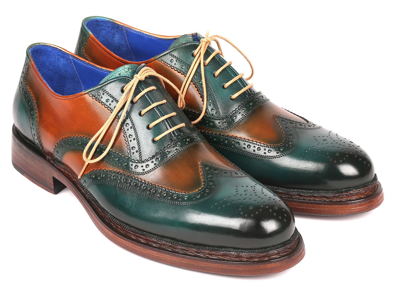Paul Parkman Green / Tobacco Genuine Leather Wingtip Goodyear Welted Oxford Dress Shoes 027-GRN-TAB