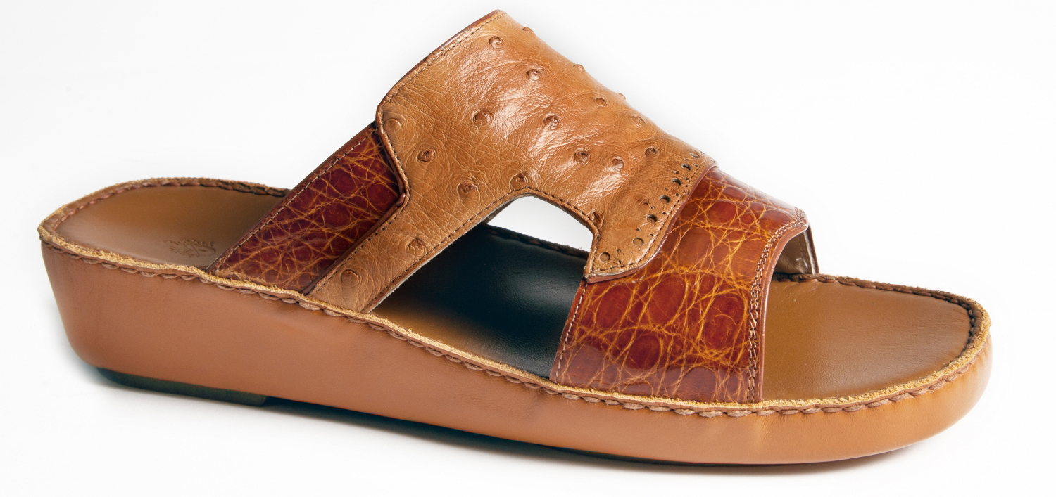 Mauri "1898/1" Cognac / Chestnut Genuine Crocodile Flanks / Ostrich Platform Sandals.