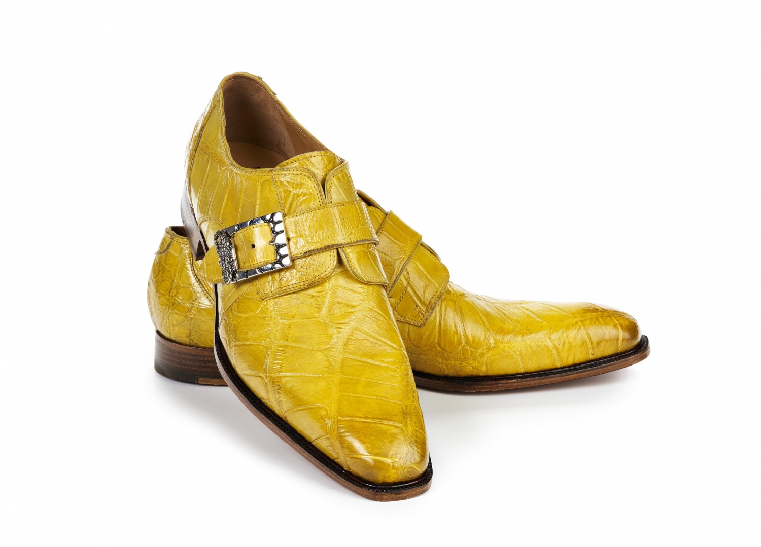Mauri "Steamboat" 4853/2 Yellow Burnished Genuine Body Alligator Hand Painted Monk Strap Loafer Shoes.