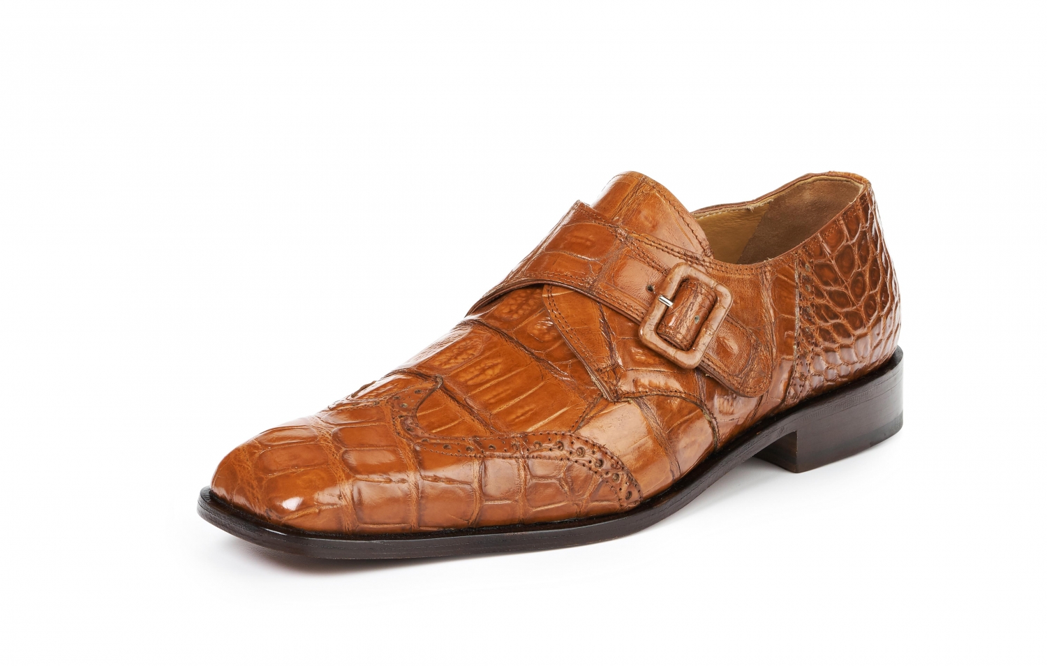 Mauri "Preacher" 4913 Cognac Genuine Body Alligator / Baby Crocodile Monk Strap Loafer Shoes.