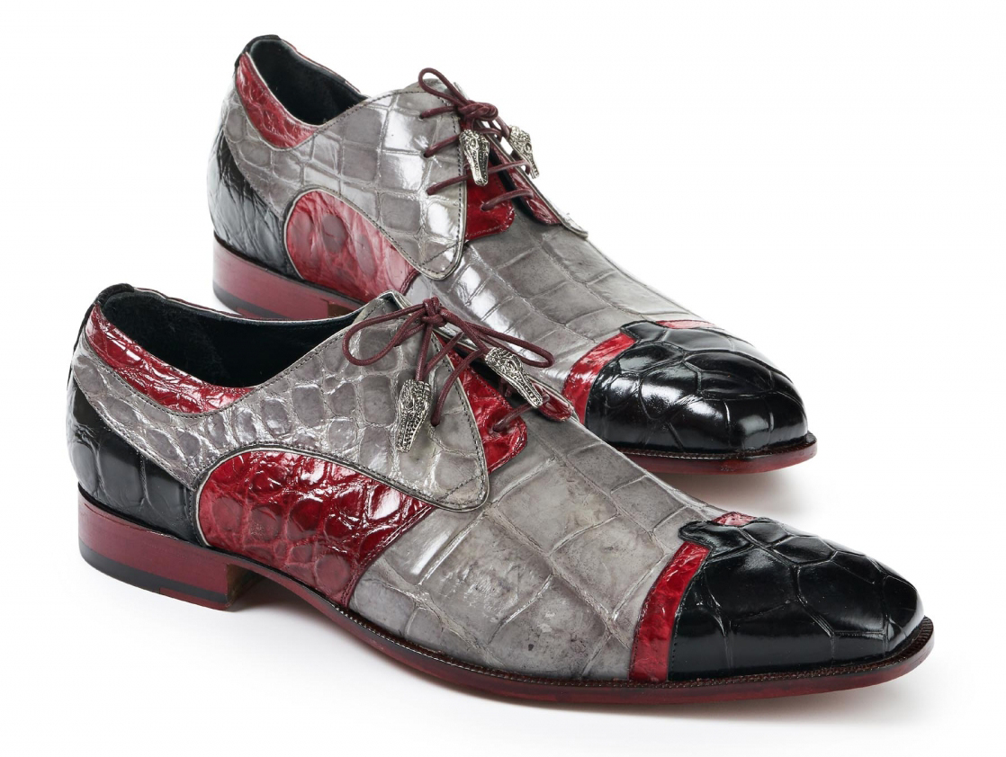Mauri "Stephen" 4921 Ruby Red / Light Grey / Black Genuine Body Alligator Hand-Painted Dress Shoes.