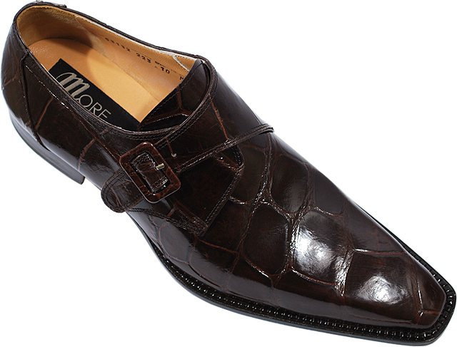 MAURI~53132~BROWN GENUINE ALLIGATOR SHOES W/ MONK STRAP / GATOR BUCKLE 