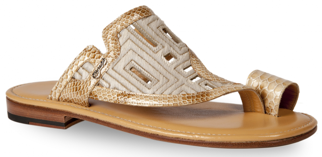 Mauri "1885" Beige Genuine Patent Malabo / Perforated Pony Hair Sandals.