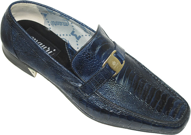 Mauri 3991 Wonder Blue Genuine All-Over Ostrich Hand Painted Shoes With Mauri Buckle