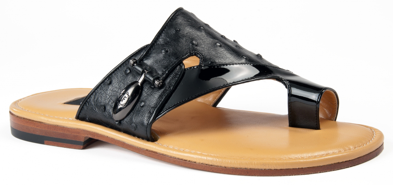 Mauri "5021" Black Genuine Ostrich / Patent Leather Sandals.
