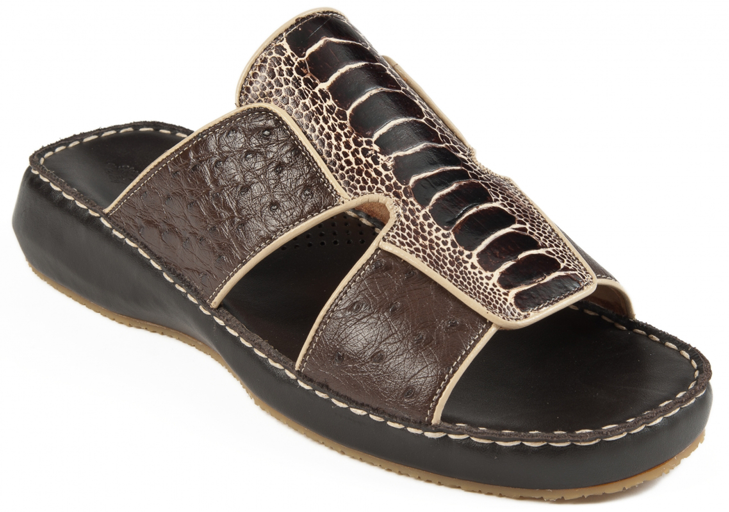 Mauri "5030/1" Brown / Beige Genuine Ostrich / Ostrich Leg Bicolor Slide-In open Toe Sandals.