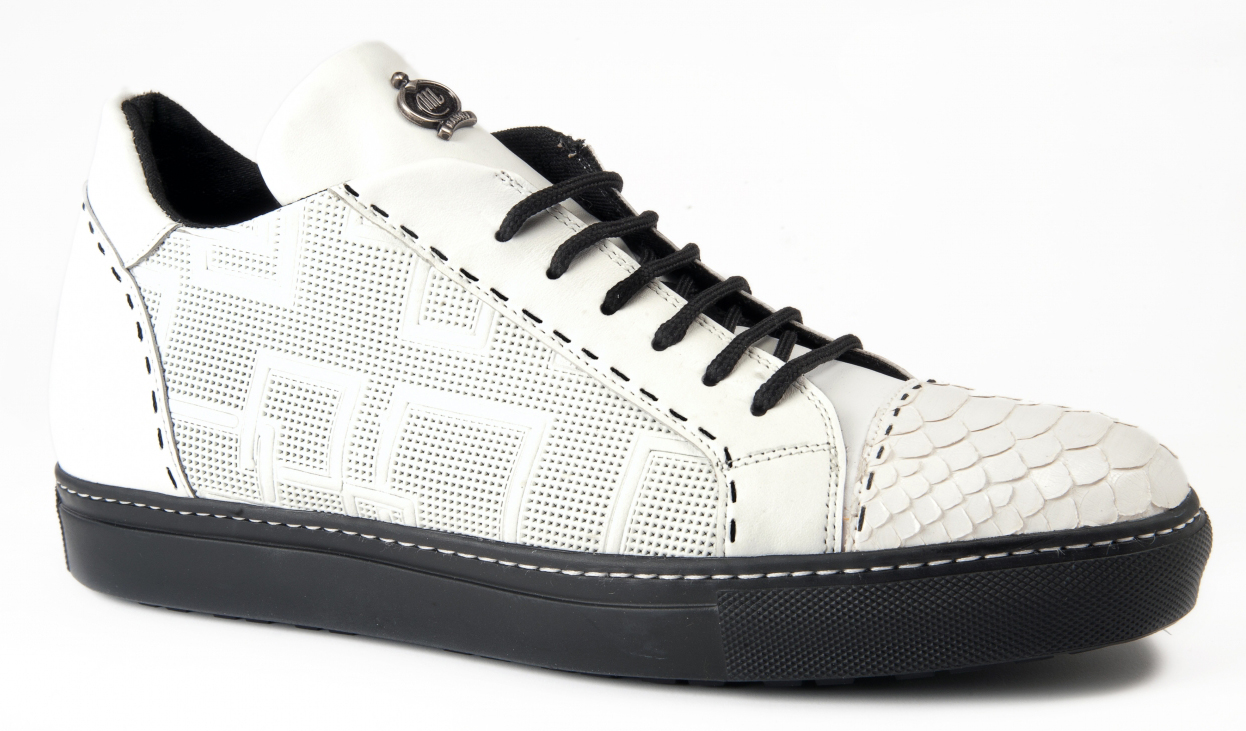 Mauri "8697" White Genuine Python / Nappa / Nappa Perforated Lace-up Sneakers.