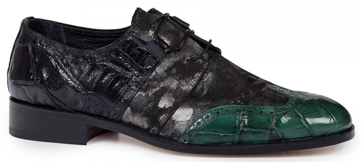 Mauri "Caracalla" 53124 Black / Hunter Green Genuine Baby Crocodile / Body Alligator Hand Painted Burnished Lace-up Shoes.
