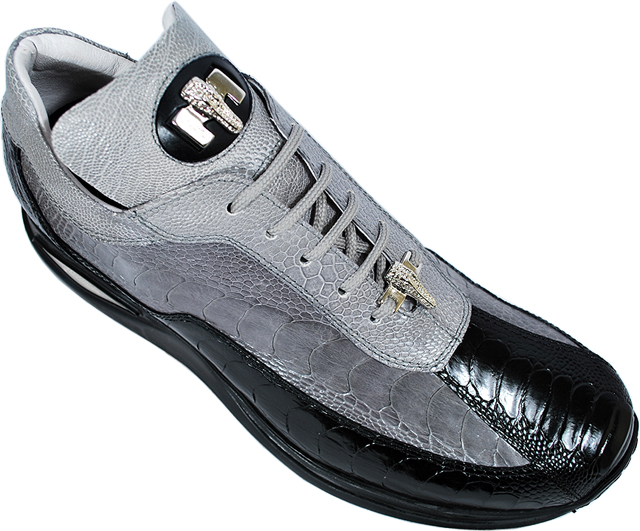 Mauri "Desert" 8727 Light Grey / Medium Grey / Black Genuine All-Over Ostrich Leg Sneakers With Silver Mauri Alligator Head